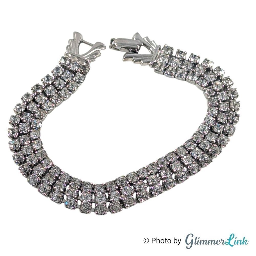 Vintage Triple Row Mid-Century Formal Silver Tone Statement Bracelet